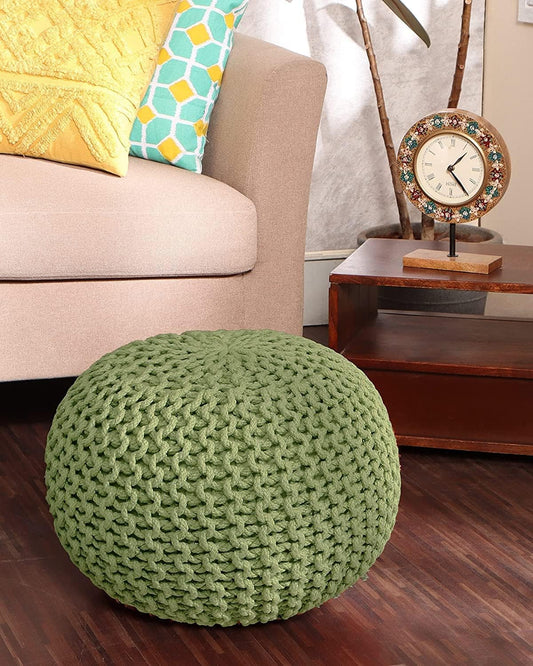 · round Pouf Foot Stool Ottoman - Cotton Knitted Cord Boho Pouffe - Cable Poof Filled Footrest Stuffed for Living Room - Nursery - Bedroom - Patio - Lounge (19.5"X19.5"X14") - Kiwi