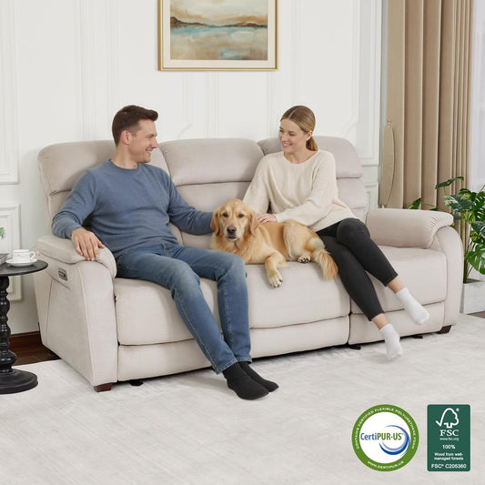 87.2'' Wall Hugger Power Recliner Sofa with Drop down Table, Reclining Sofa with Adjustable Headrest, USB Charge Ports, Reading Lamp, for Living Room, Rvs, Fabric, ST258M3 (3-Seater, Beige)