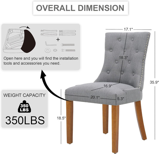 Upholstered Tufted Dining Chairs Set of 2, Fabric Side Dining Room Chairs with Nailhead Back Ring Pull Trim Solid Wood Legs, Grey