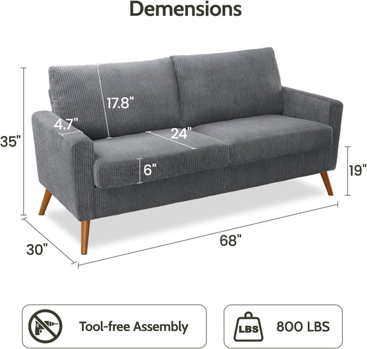 68" Loveseat Sofa Grey Corduroy Couch, Mid Century Modern Love Seat Couches for Living Room, Small Loveseat for Bedroom Office, Comfy Sofa with Spring Cushion, Solid Wood, Tool-Free Assembly