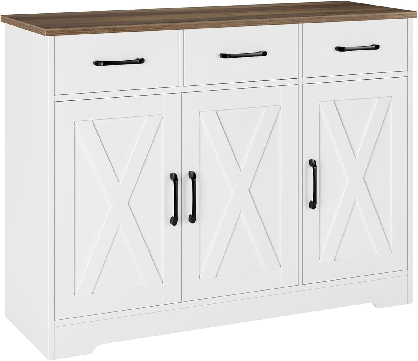 Modern Farmhouse Sideboard Buffet Cabinet, Barn Doors Buffet Storage Cabinet with Drawers and Shelves, Wood Coffee Bar with Storage for Kitchen, Dining Room, Living Room, White