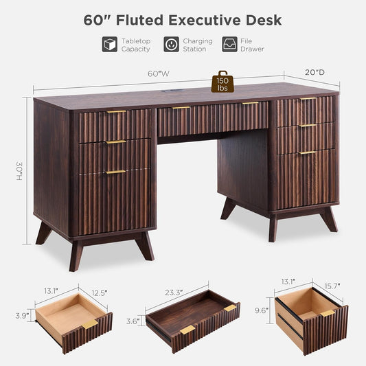 Fluted Executive Desk with Drawers, 60" Modern Home Office Computer Desk with Charging Station, File Cabinet, Keyboard Tray and Storage Cabinet for Study, Living Room, Bedroom, Dark Walnut