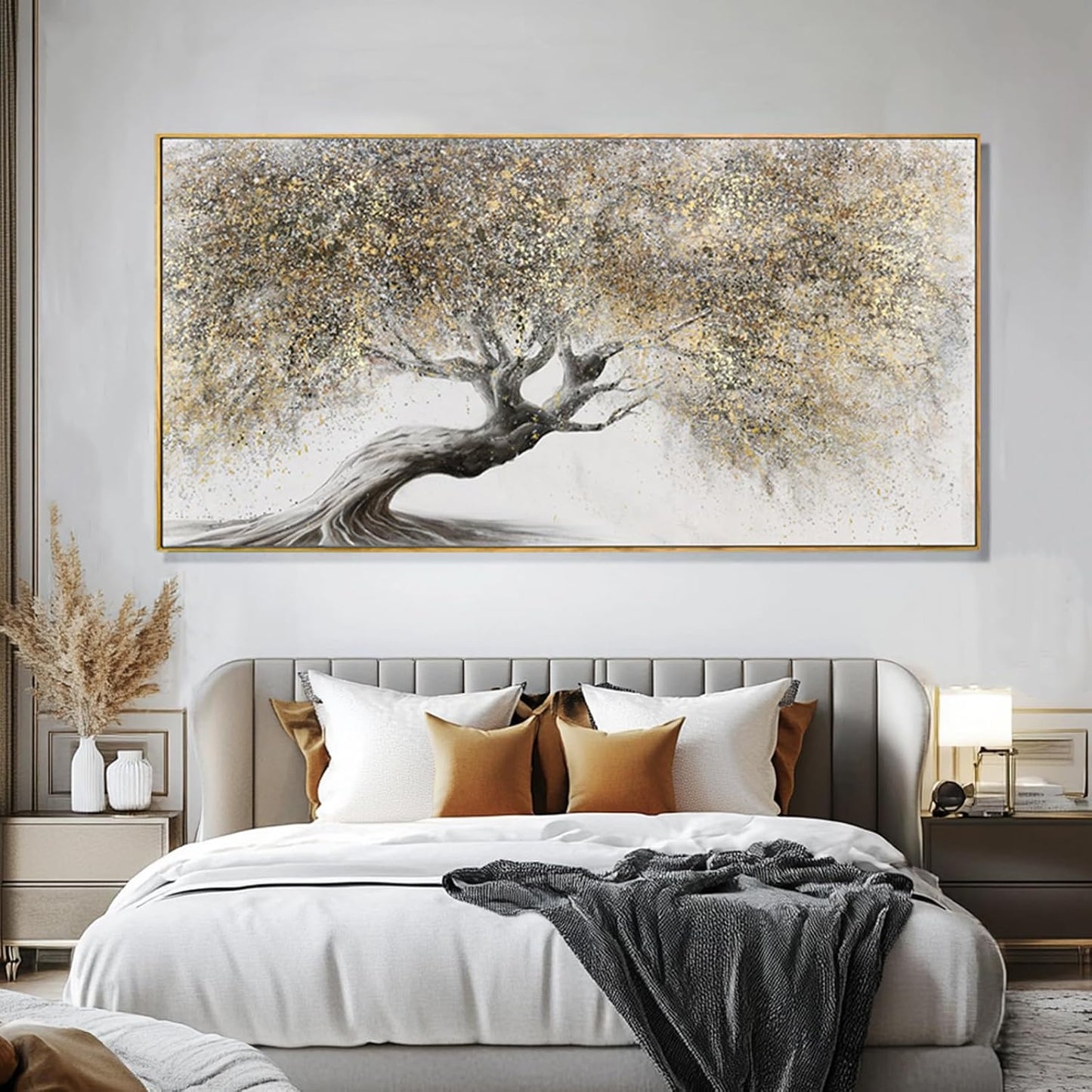Nature Pictures Wall Decor Botanical Picture Prints 29"X58" Large Canvas Wall Art for Living Room Grey and Gold Artwork for Dining Room