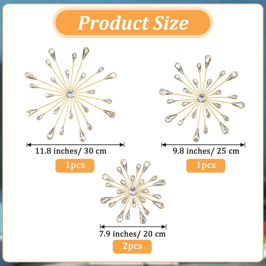 4Pcs Gold Metal Jeweled Wall Art, Starburst Wall Decor, Bling Crystal Home Décor, Star Sun Rhinestone Hanging, Diamond Accents Home Decorative for Living Room, Bedroom, Entryway