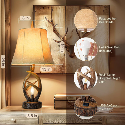 Rustic Farmhouse Antlers Bedside Table Lamp Set of 2 with Nightlight Dual USB Ports Leather Soft Bell Shade Brown Finish Nightstand Lamp Decor for Living Room Bedroom Office House Hotel