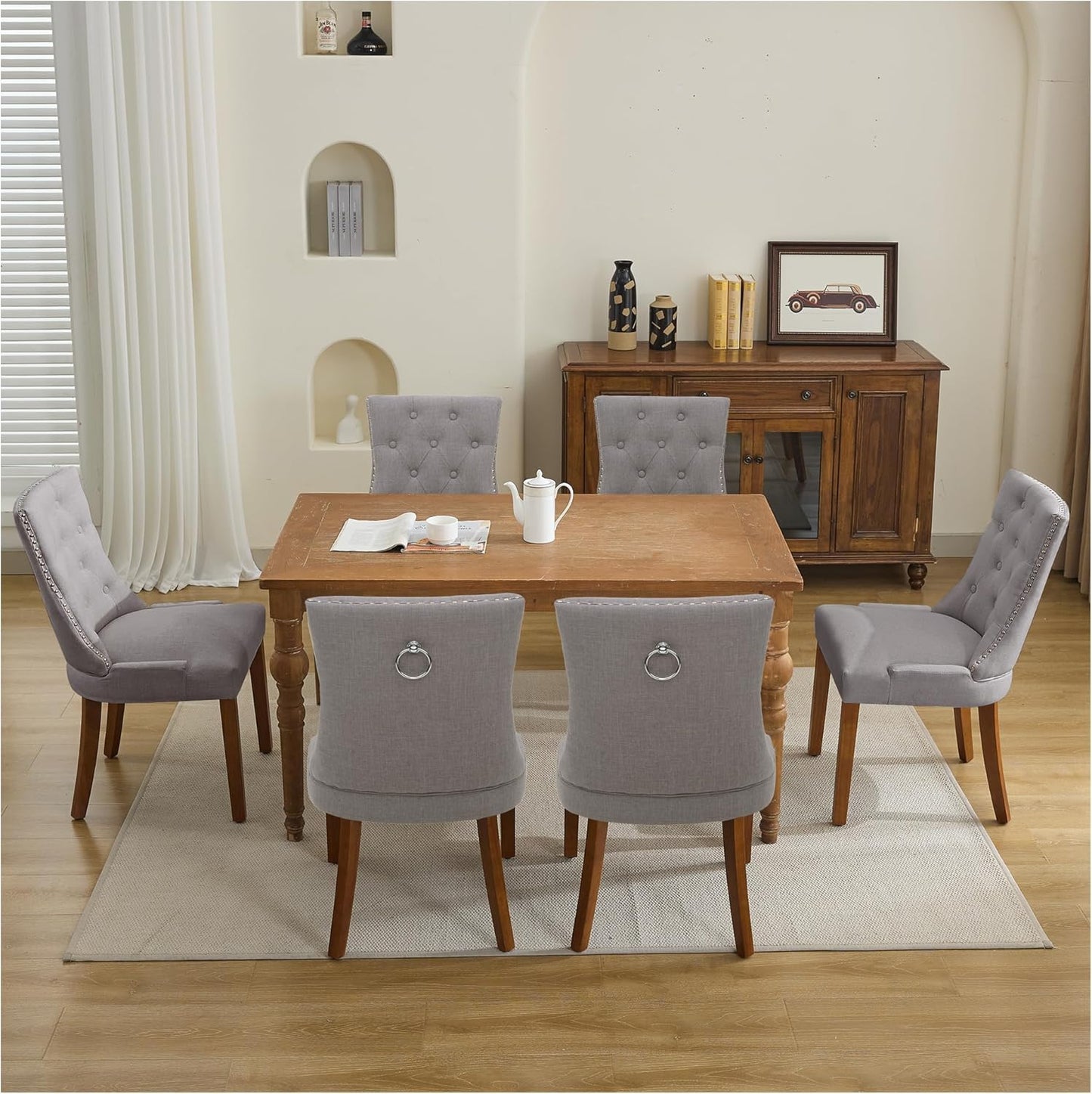 Upholstered Tufted Dining Chairs Set of 2, Fabric Side Dining Room Chairs with Nailhead Back Ring Pull Trim Solid Wood Legs, Grey