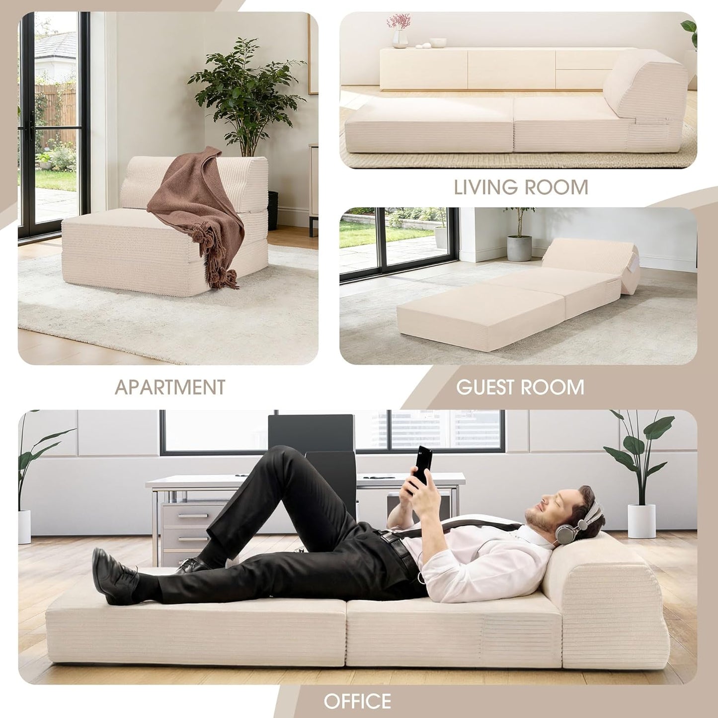 Folding Sofa Bed with Pillow, Memory Foam Fold Out Chair Bed, Convertible Sleeper Chair with Washable Cover, Futon Floor Couch for Living Room/Dorm/Guest Use/Home Office/Apartment, Beige