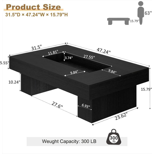 Black Coffee Table, Modern Wood Led Living Room Table with Storage, Unique Large Wide Rectangle Center Table with LED Light, Contemporary Low Tea Table for Bedroom Home Office, 47.24 In, Black Oak