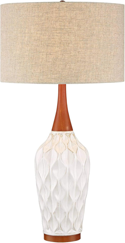Rocco Mid Century Modern Table Lamp 30" Tall White Wave Geometric Ceramic Oak Wooden Neck Tan Fabric Drum Shade for Living Room Bedroom House Bedside Nightstand Home Office