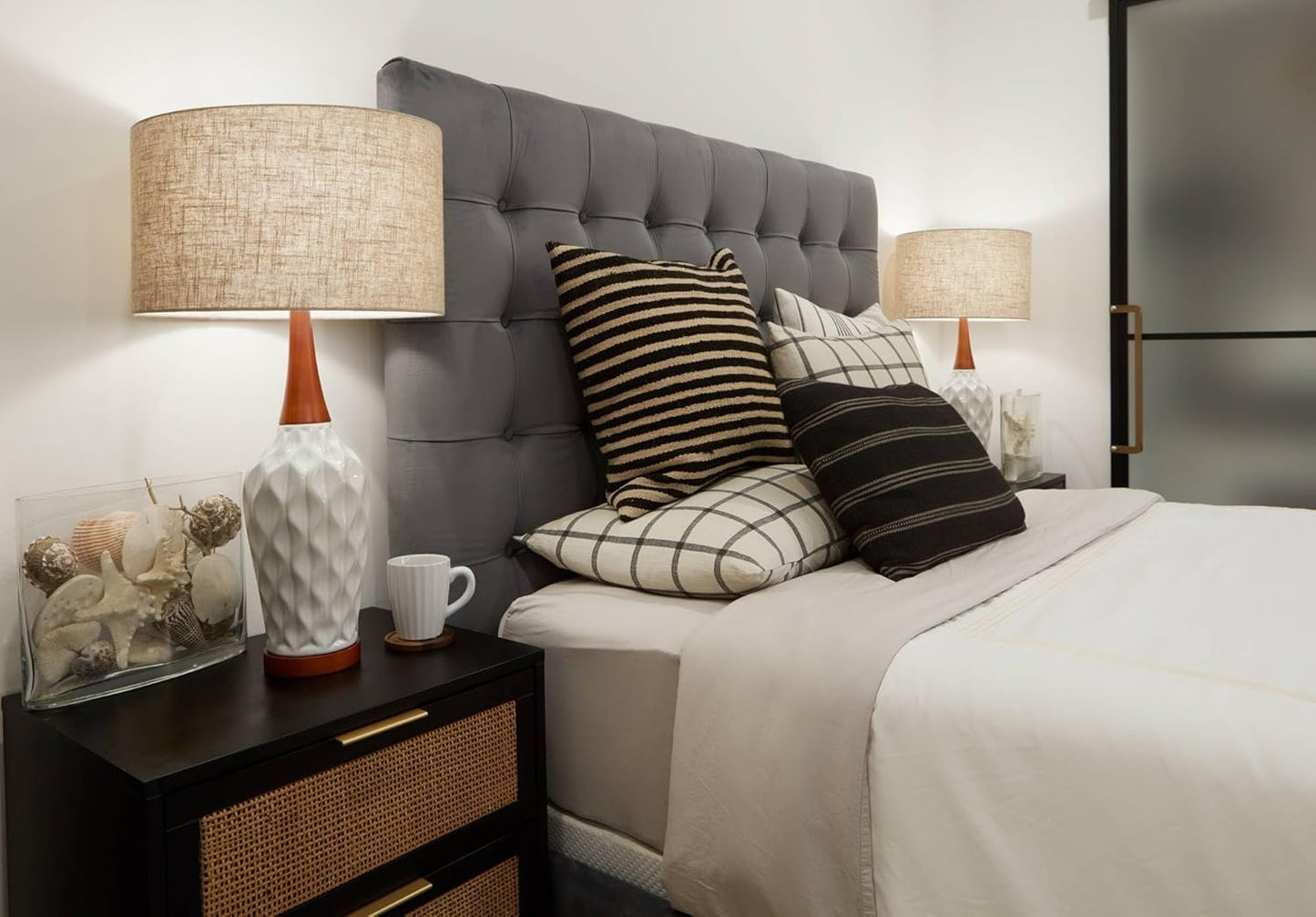 Rocco Mid Century Modern Table Lamp 30" Tall White Wave Geometric Ceramic Oak Wooden Neck Tan Fabric Drum Shade for Living Room Bedroom House Bedside Nightstand Home Office