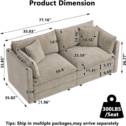 Modular Sectional Sofa Modern Convertible Loveseat Couch,77.16 Inch Deep 2-Seater Sofas Comfy Chenille Cloud Sofas and Couches with Pillows for Living Room Apartment(Camel)