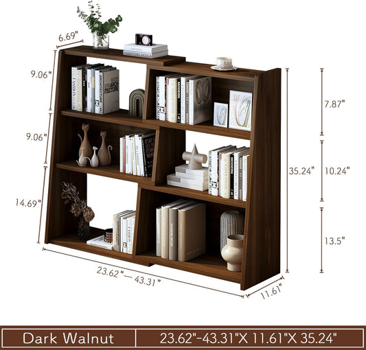 Wooden Extendable Shelf Bookcase - 3-Tier Ladder Low Short Bookshelf for Small Space or Corner, Dark Walnut, S