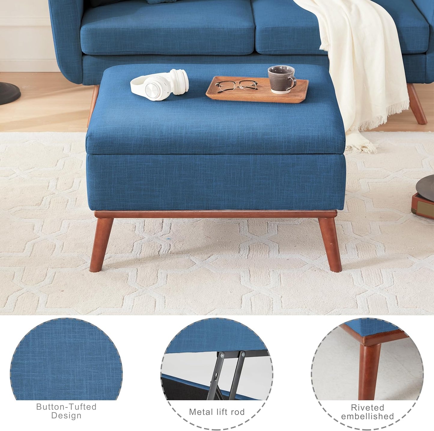 65" W Loveseat Sofa with Ottoman Coffee Table, Mid Century Modern Love Seat Couches for Living Room, Button Tufted Upholstered Small Couch for Bedroom,Easy to Install Love Seats Furniture, Blue | Linen Fabric, Button Tufted, Solid Wood Foot, Pocket Spring, Wood Slats Frame