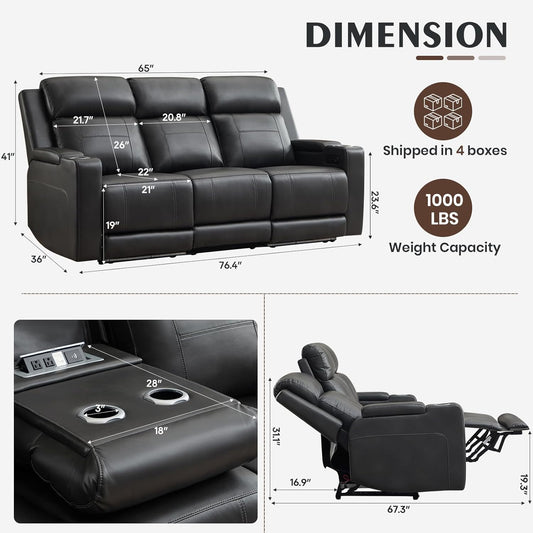 Power Reclining Sofa with Adjustable Headrest, Home Theater Seating Reclining Couch with LED Light/Outlet/Storage/Usb&Type-C, Power Loveseat Recliner Sofa for Living Room (Grey&Black, Sofa)