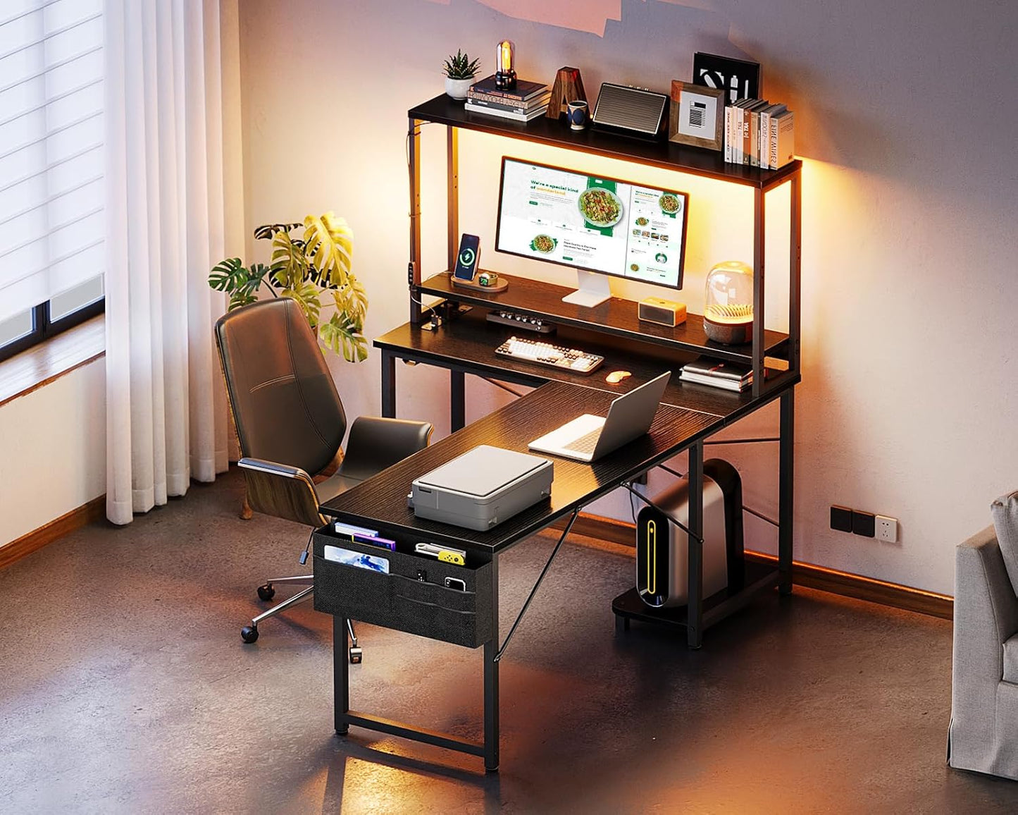 53 Inch L Shaped Desk with LED Lighting, Reversible Gaming Desk with Power Outlets, Cornor Computer Table with Storage Shelves & Bag & Iron Hook, Home Office Table for Writing, Study, Black