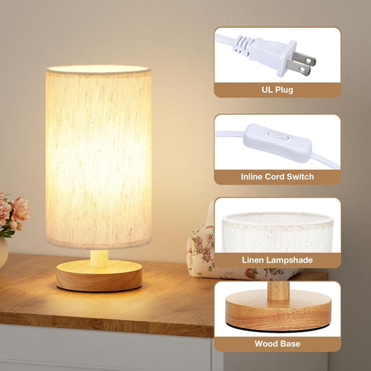 Small Table Lamp for Bedroom - Inline Control, Bedside Lamp with 3000K A15 LED Blub, Easy Assembly (Cream Shade - Wood Base, 9" Inline Control)