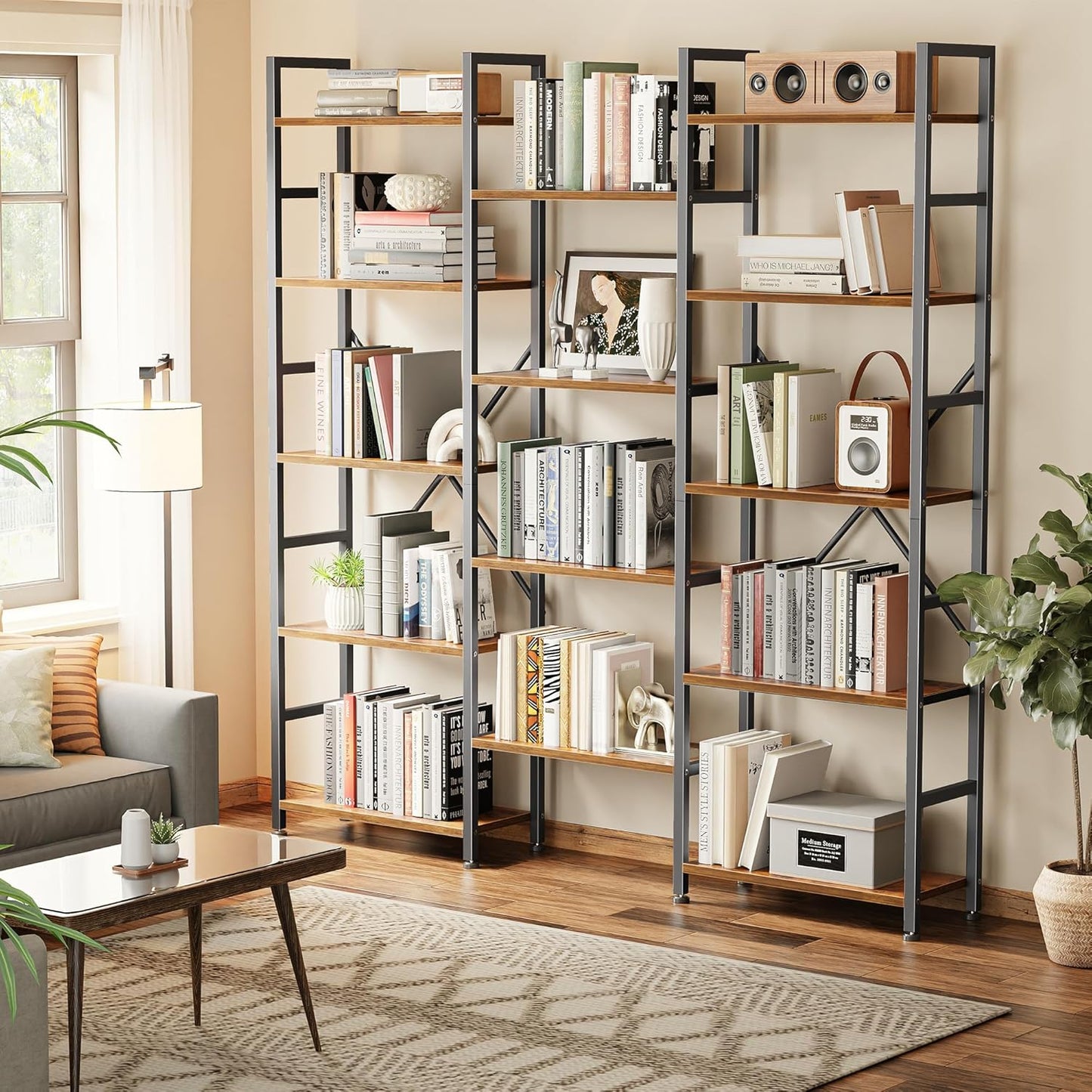 Triple Bookshelf, Bookcase with 11 Open Display Shelves, Wide Book Shelf Book Case for Home & Office, 5 Tier, Rustic Brown