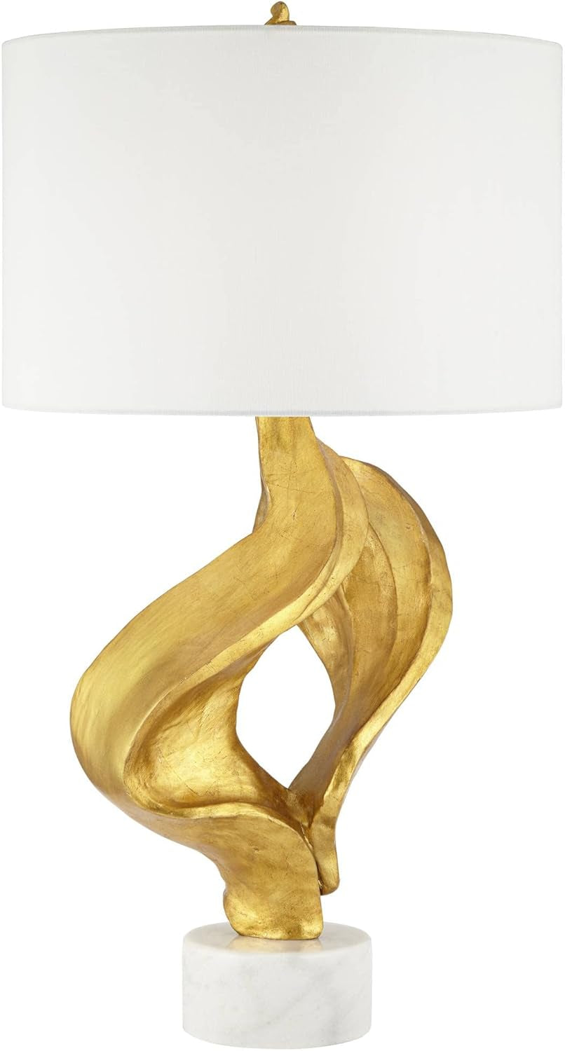 Hera Modern Glam Luxury Table Lamp Decor 31" Tall Sculptural Gold Leaf White Fabric Drum Shade Marble Base for Living Room Bedroom House Bedside Nightstand Home Office Entryway