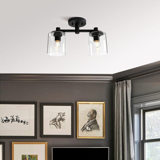 2-Light Semi Flush Mount Ceiling Light, Industrial Pendant Lighting Fixture with Glass Shade, Ceiling Chandelier Lamp for Hallway Loft Kitchen Bar