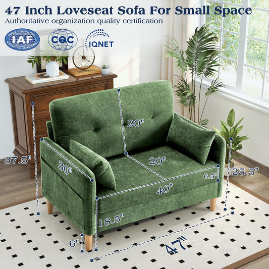 Loveseat Sofa, 47” Small Couch for Living Room, Comfy Chenille Fabric Love Seat for Bedroom with Throw Pillow,Removable Cushion Cover,Couches for Small Space,Apartment,Dorm