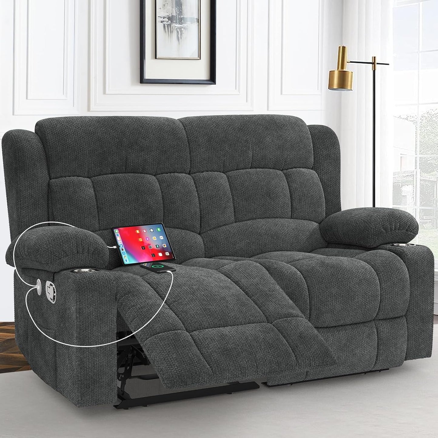 Loveseat Recliner Sofa, 2 Seater Minimalist Style Fabric Manual Pull Tab Reclining Loveseat with USB Charge Ports, Cup Holders, Recliner Love Seat Couches for Living Room, RV, Gray