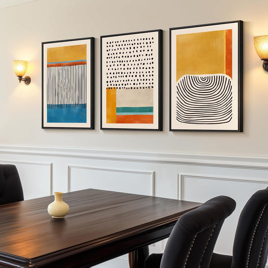 Framed Colorful Abstract Wall Art for Living Room, 3 Piece Mid-Century Modern Canvas Prints Paintings Artwork for Walls, Bright Yellow Block Lines Pictures for Hallway Dining Bedroom Wall Decor -16X24