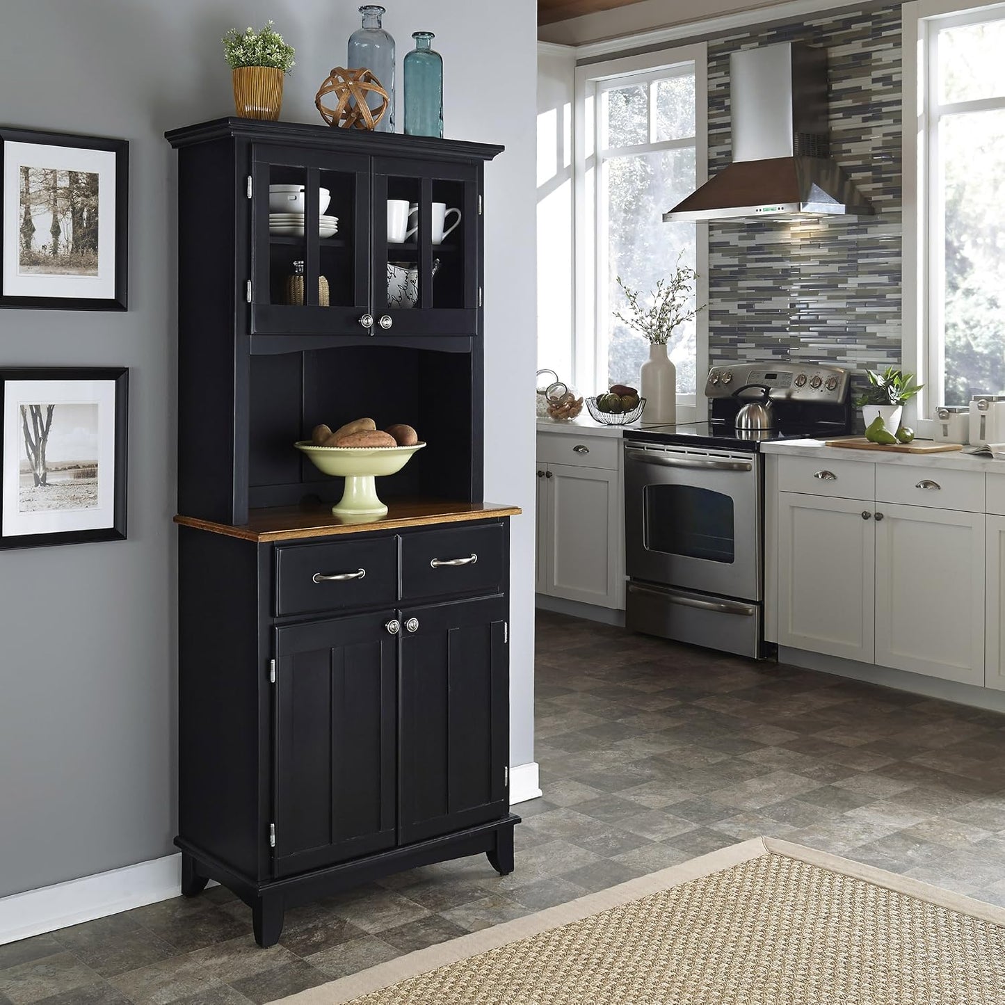Home Styles Buffet of Buffets Black with Cottage Oak Wood Top Hutch, Two Wood Door Panels, Two Drawers with Brushed Steel Pulls, Two Plexiglas Framed Doors, and Adjustable Shelves