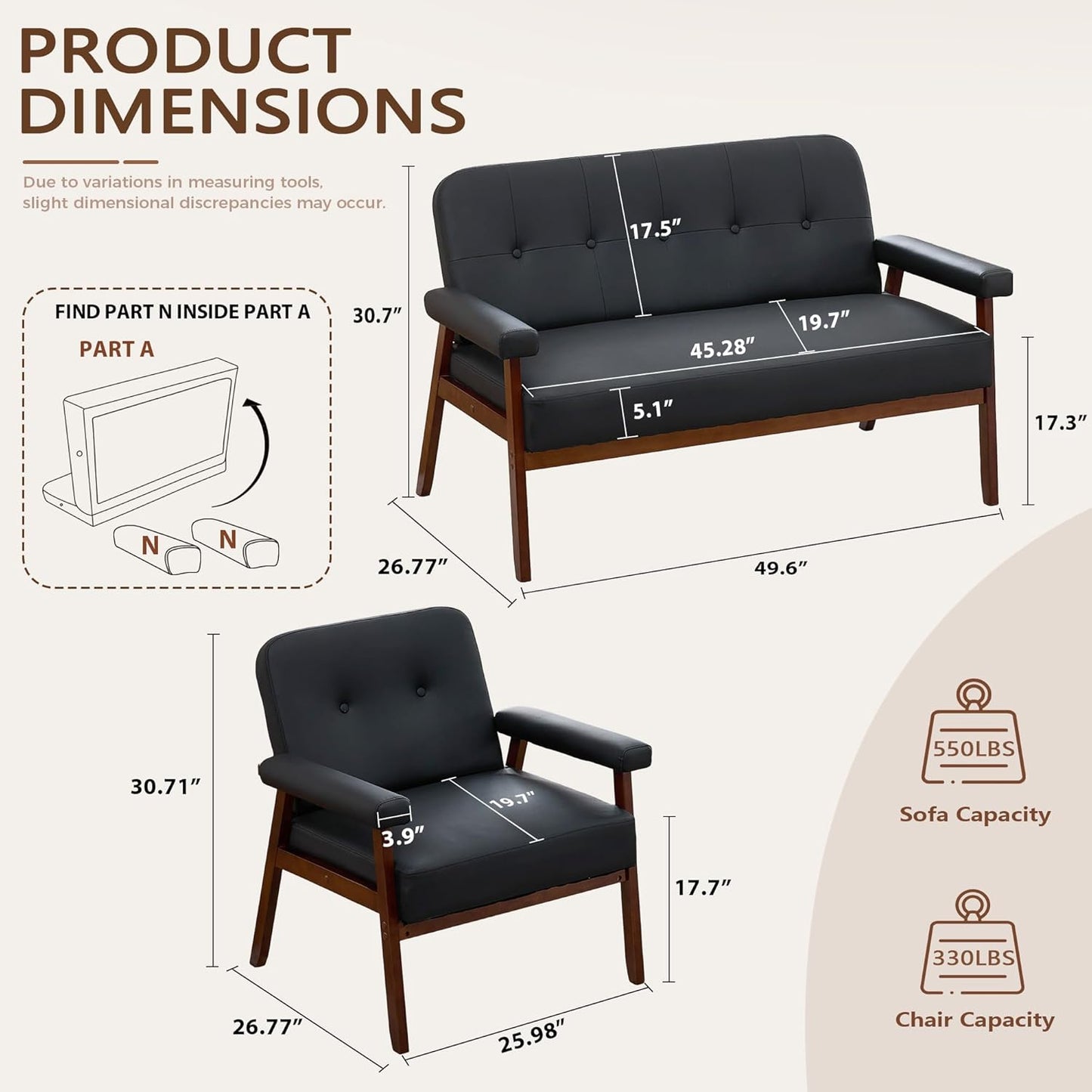 Black Leather Love Seat Sofa and Accent Chairs, Mid-Century Modern Office Furniture Loveseat Couch and Chair Set, Small Couches with Wood Arm, 3 Pieces Living Room Furniture Sets (3)