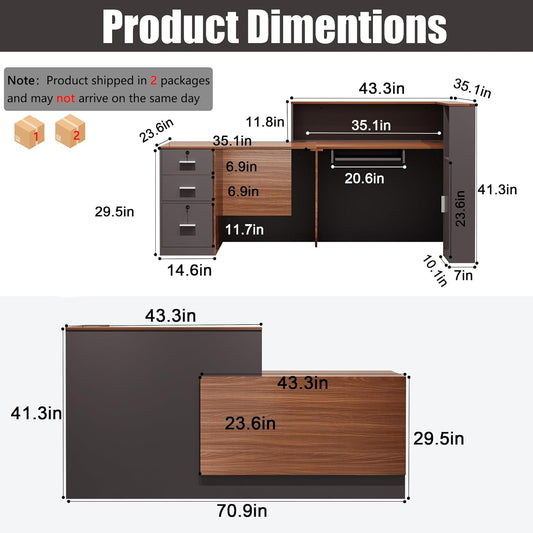 L-Shaped Reception Desk with Lockable Drawers, Adjustable File Cabinet & Keyboard Tray, Modern Front Counter for Office, Salon, or Lobby (Right-L Walnut/Slate Gray, 70.9''L X 23.6''W X 41.3''H)