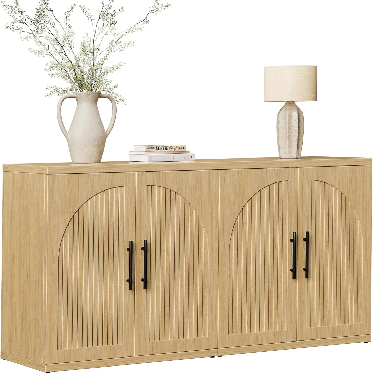 63" Fluted Buffet Cabinet with Storage, Modern Symmetrical Arched Sideboard Credenza with Adjustable Shelf, Elegant Wood Console Table for Dining Room, Kitchen, Living Room(Oak)