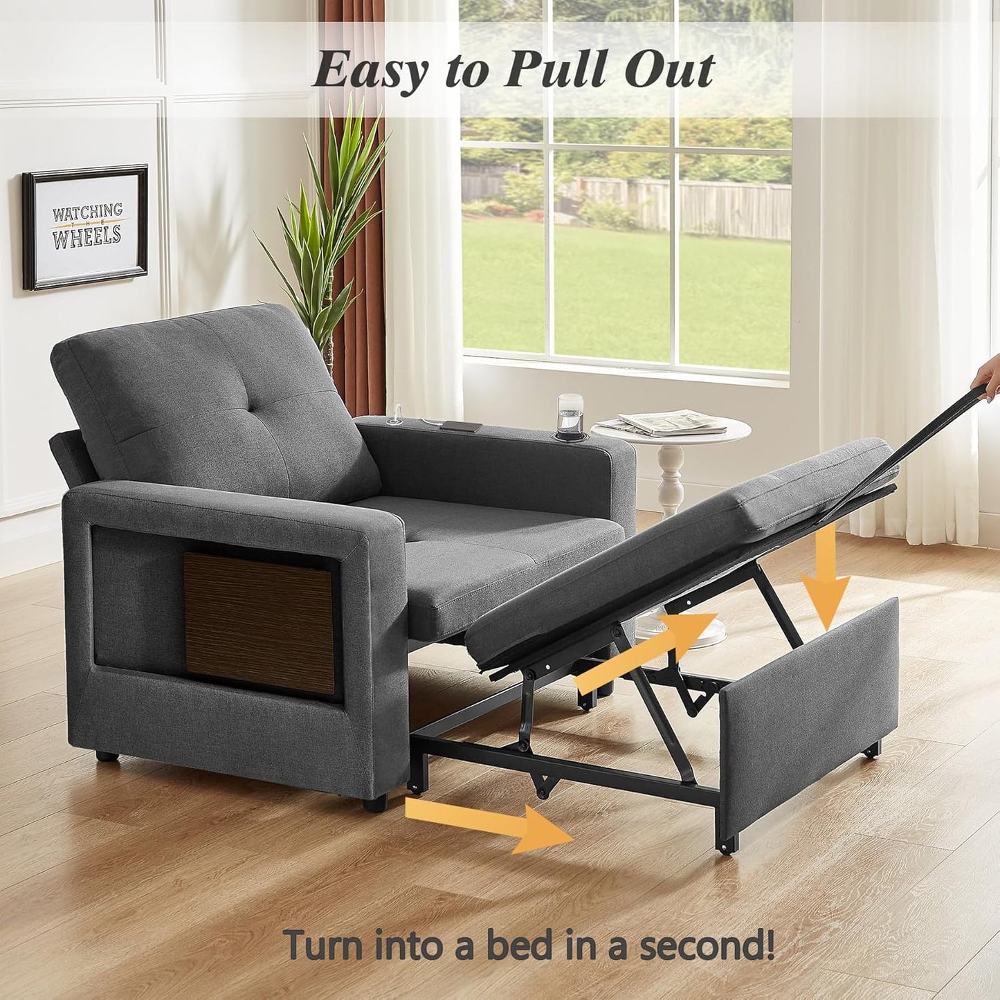 42.5" Sleeper Chair Bed, 3-In-1 Oversized Convertible Sleeper Sofa Chair with Pull Out Bed, Reclining Adjustable Backrest/Usb Ports/Table/Cup Holder, Tool-Free Assembly, Premium Dark Gray