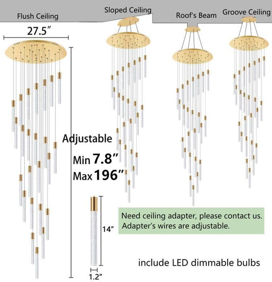 16 Foot Chandeliers for Living Room Entryway High Ceiling Light Fixtures Sloped Flush Mount Ceiling Pendant Lighting Dimmable Chandelier with Remote LED Crystal Pendants Lighting Gold Light