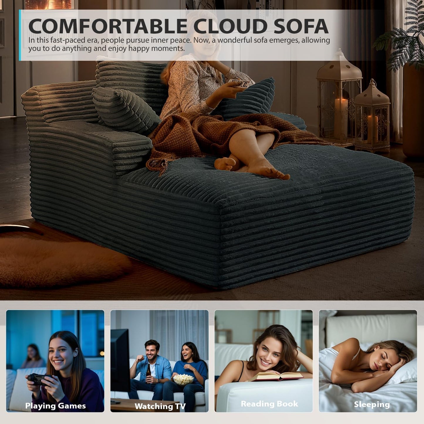 50 Inch Chaise Lounge Chair Indoor, Oversized Corduroy Upholstered Boneless Sofa Bed, Deep Seat Sleeper Couch Reading Chairs, Cloud Sofas Couches for Living Room, No Assembly Required (Dark Grey)