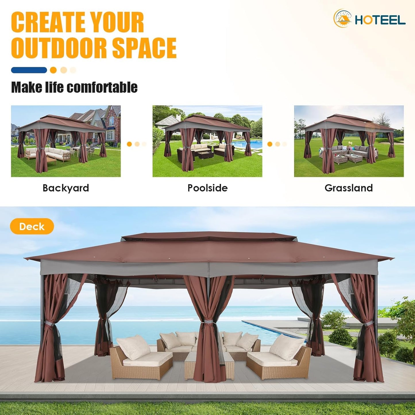 Gazebo 12X20, Outdoor Gazebo on Clearance with Double Ventilated Arc Roof, Privacy Curtains & Mosquito Netting, Easy Set up Canopy Tent with Stable Metal Frame for Patio, Brown