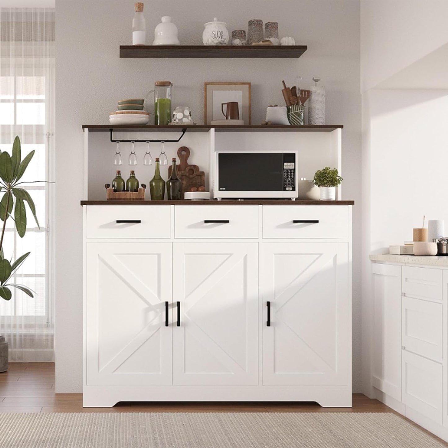 Farmhouse Sideboard Buffet Cabinet with Microwave Stand, Barn Doors Buffet Storage Cabinet with Drawers and Shelves, Wood Coffee Bar Pantry for Kitchen, Dining Room, Living Room, White