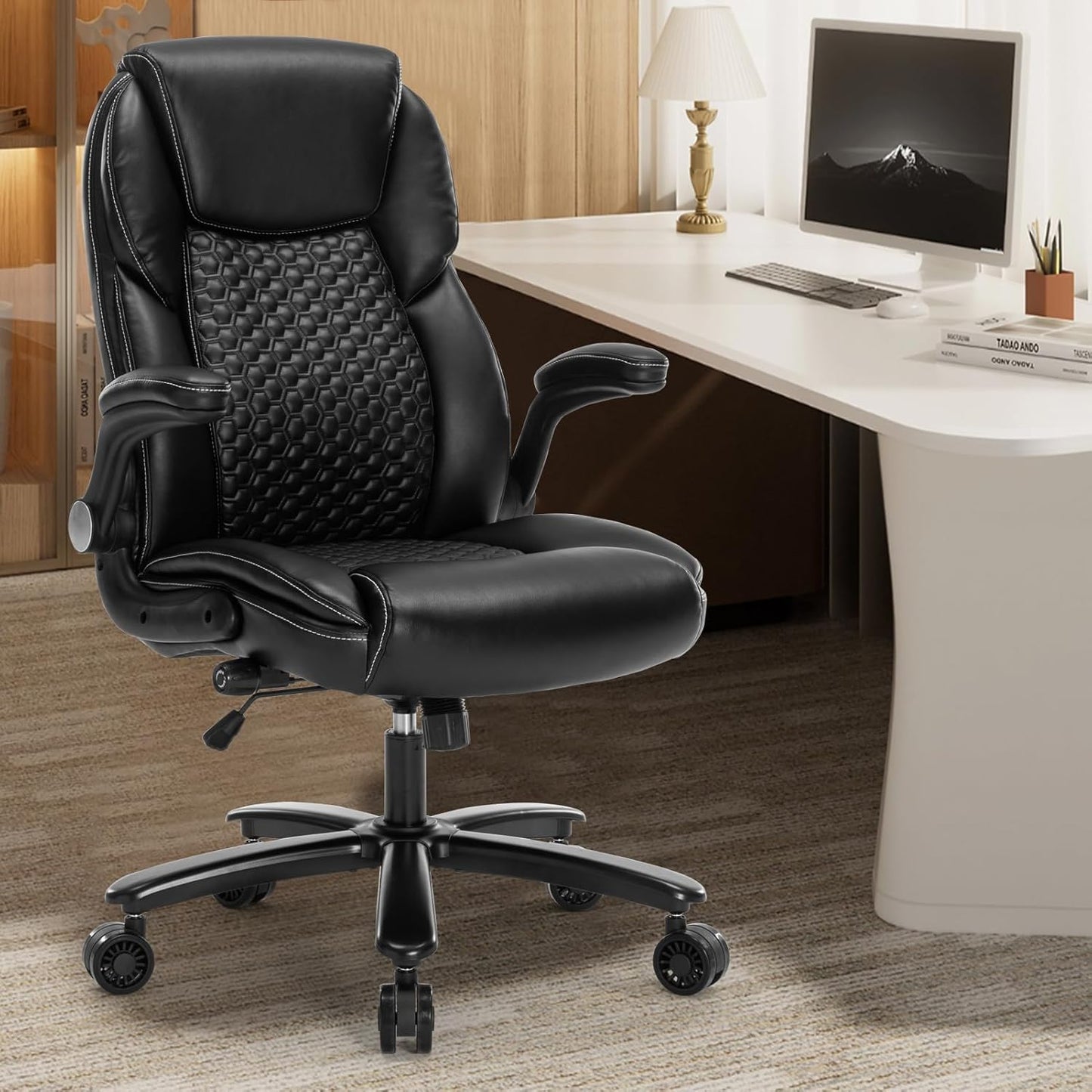 Big and Tall Office Chair, Executive Comeputer Desk Chair Ergonomic Home Office Chair with Adjustable Lumbar Support, Tilt Lock, PU Leather, Swivel Rolling Chair (Pu-Black)