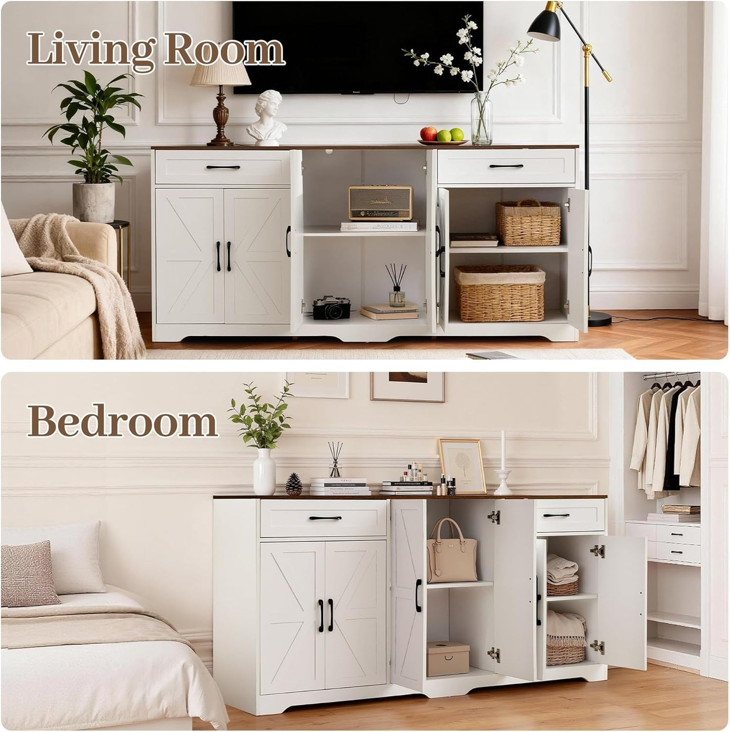 66" Buffet Sideboard Cabinet, Farmhouse Kitchen Buffet with Storage, Wood Coffee Bar Station with Adjustable Shelves and Drawers, Sideboard Credenza for Kitchen, Entryway