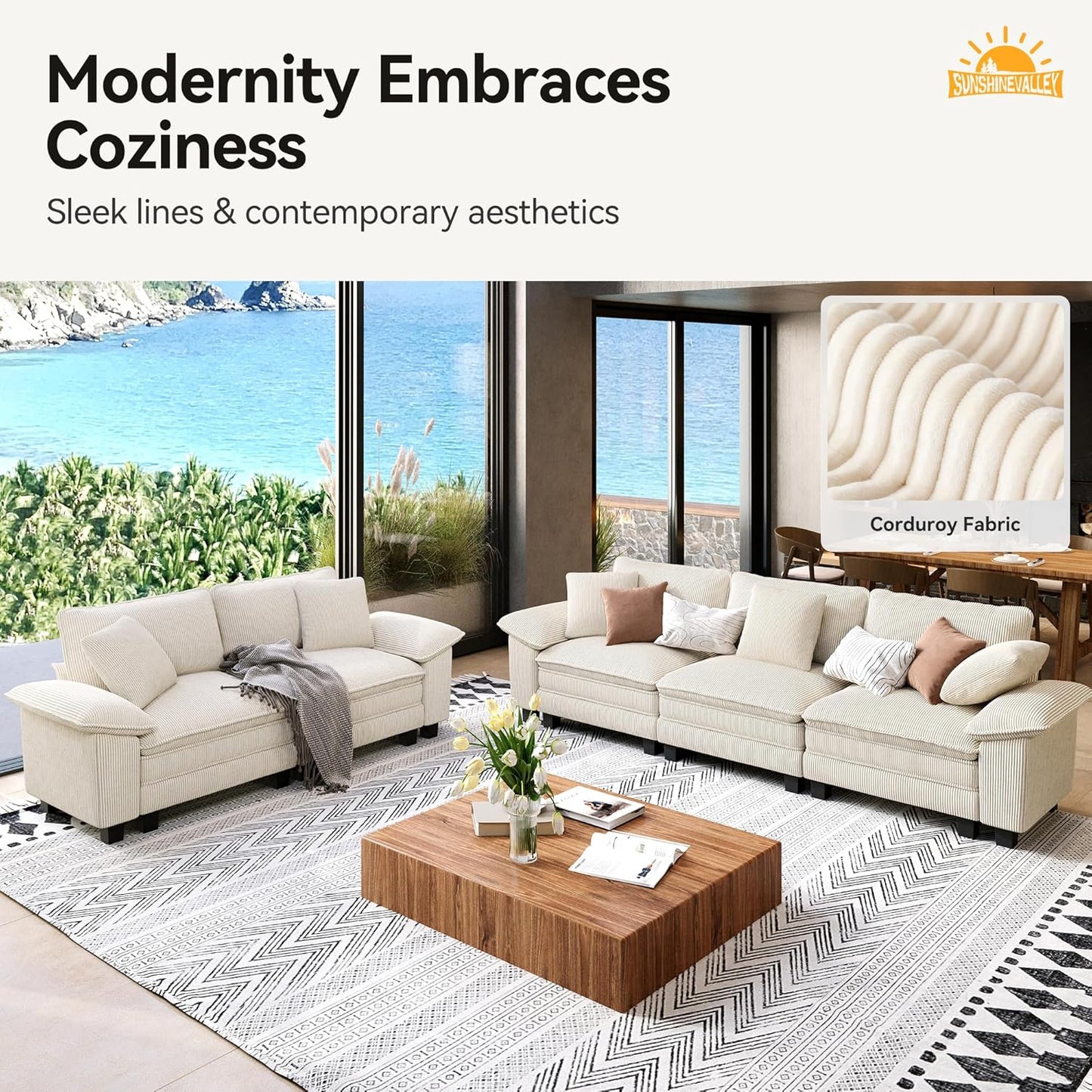 87.5'' Oversized Loveseat Couch and Chair Set, 3-Seat Corduroy Modern Modular Cloud Sofa with Pillow, 2 Piece Living Room Deep Sectional Sofa Furniture Set for Apartment, Beige