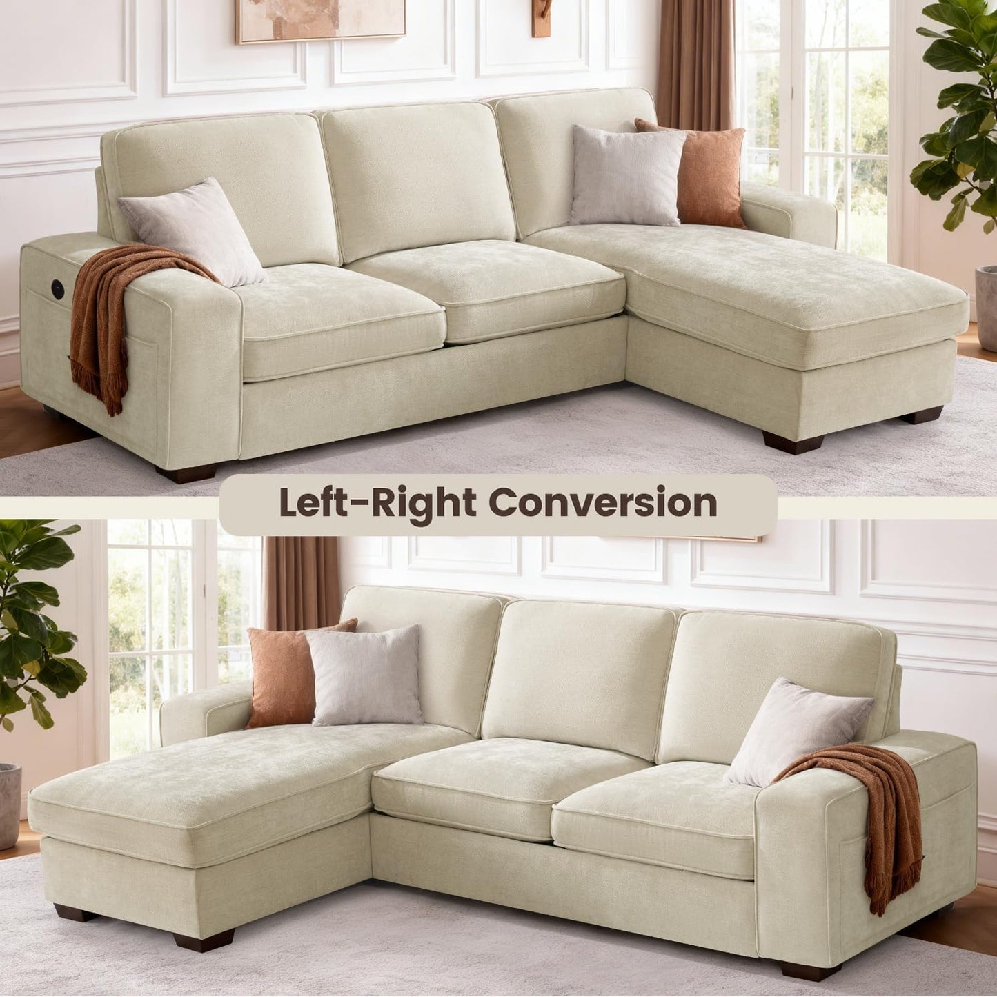 99" L-Shaped Sectional Couch with Storage, Sofa with Reversible Chaise, USB Type-C Charging, Chenille Fabric, Removable Cushion Covers, for Small Space, Apartment, Living Room, Beige