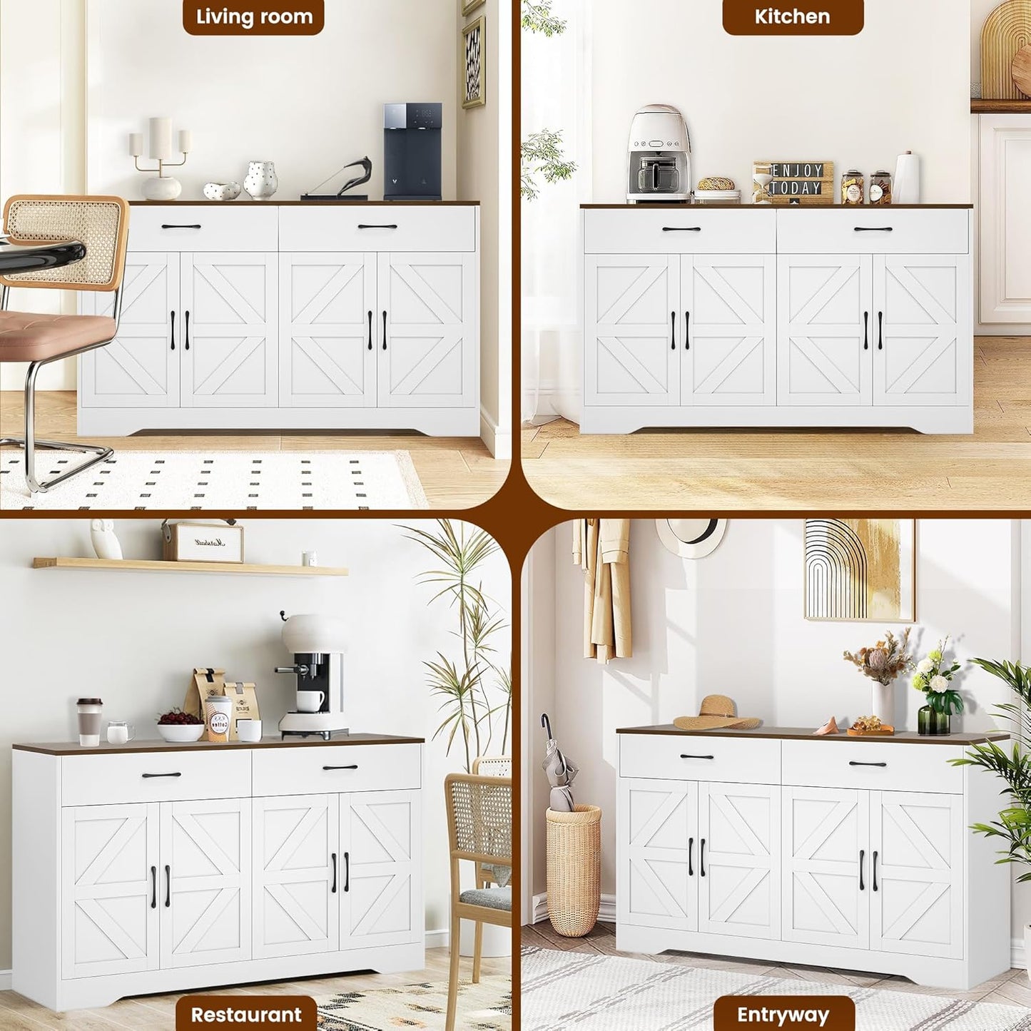 55" Sideboard Buffet Cabinet with Storage, Large Kitchen Storage Sideboard with Drawers & Doors, Modern Wood Farmhouse Coffee Bar Cabinet, Buffet Table for Kitchen, Dining Room, Living Room, White