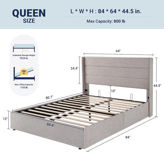 Queen Size Lift up Storage Bed, Modern Wingback Headboard, Hydraulic Support, No Box Spring Needed, Light Beige