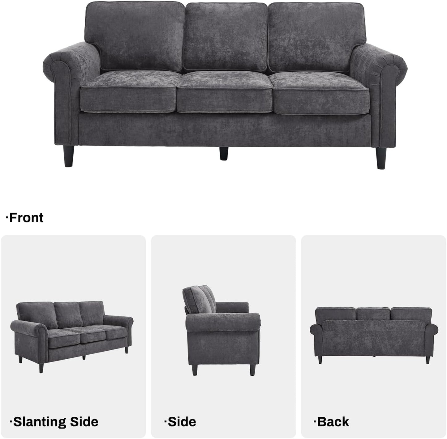 3 Seater Couch, Mid Century Modern Sofa with Rolled Arms and Deep Seats, Fluffy Comfort for Living Room, Apartment, Easy Assembly, Gray