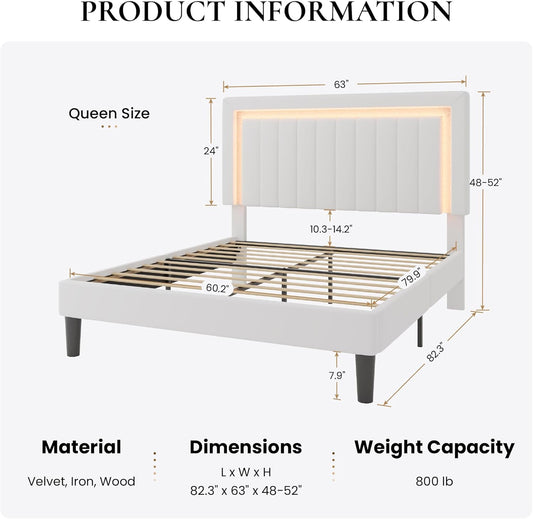 Queen Size Velvet Bed Frame with LED Light, Adjustable Vertical Channel Tufted Headboard, Strong Wooden Slats Support, Noise-Free, No Box Spring Needed, White