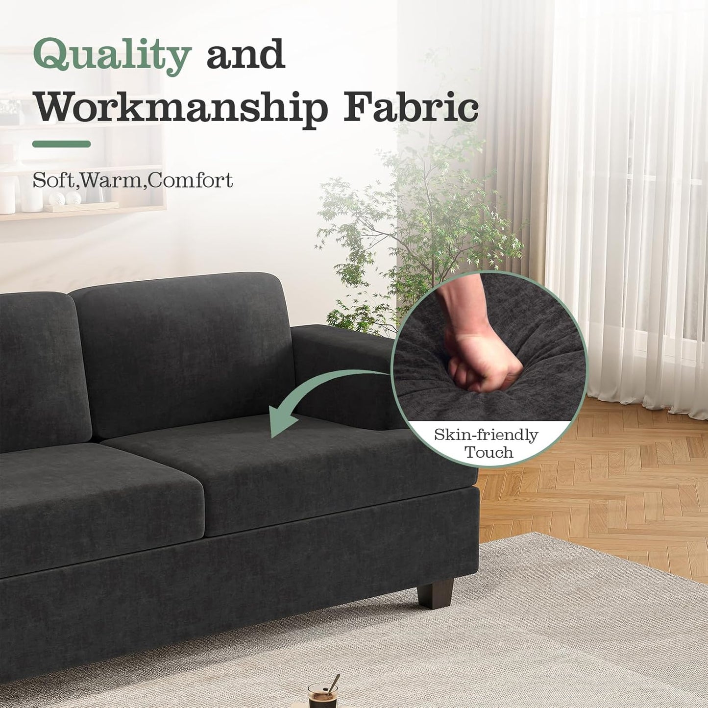 Loveseat & 3 Seater Sofa Sets, Comfy Dark Grey Couch Sofa Set for Living Room Furniture, Modern Lounge Sofa Cloud Couch for Apartment Lounge, Black Chenille