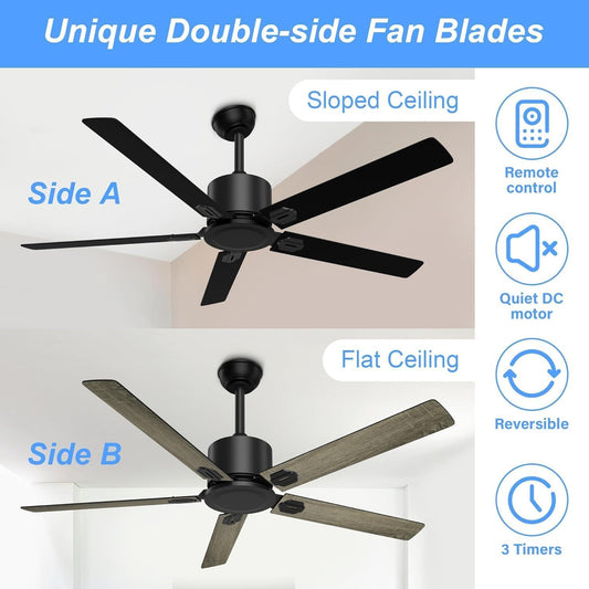 52 in Outdoor Ceiling Fans, Black Ceiling Fan No Light with Remote Control without Light, 5 Blades, 6 Speed Reversible DC Motor Modern for Patios, Garage, Bedroom, Porch (Black)