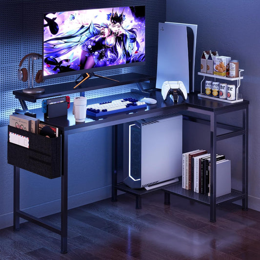 Gaming Desk, Computer Desk with USB Charging Ports, Power Outlets, Type-C and LED Lights, Reversible L Shaped Desk with Storage Shelves & Monitor Stand for Office, Gaming Room Black 40IN