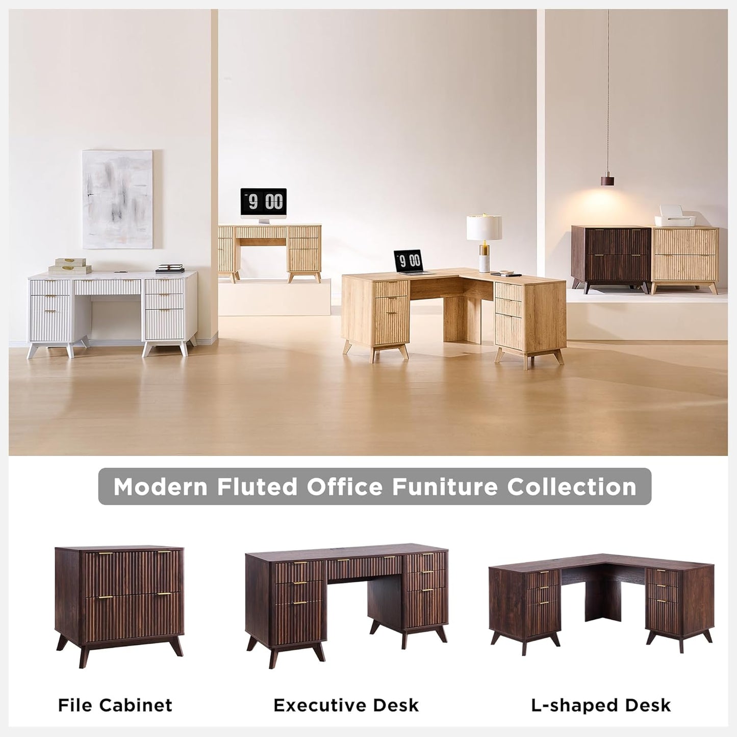 Fluted Executive Desk with Drawers, 60" Modern Home Office Computer Desk with Charging Station, File Cabinet, Keyboard Tray and Storage Cabinet for Study, Living Room, Bedroom, Dark Walnut