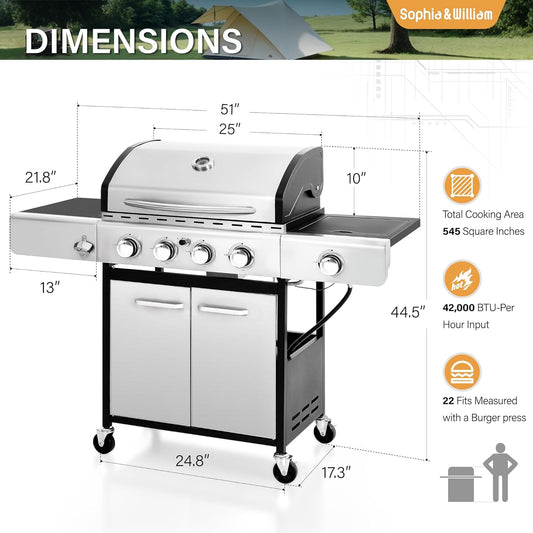4-Burner Propane Gas BBQ Grill with Side Burner and Porcelain-Enameled Cast Iron Grates, Stainless Steel Barbecue Grills Outdoor Cooking, Silver Cabinet Style, 42,000BTU