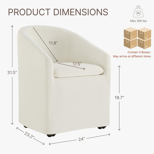 Upholstered Dining Chairs with Casters, Washable Cover Modern Dining Room Chairs with Barrel Backrest & Dual Armrest for Kitchen, Living Room, Bedroom, Linen Fabric, 4PCS