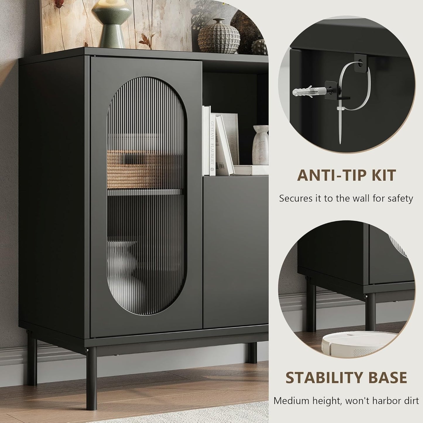 Sideboard Buffet Cabinet with Fluted Glass Doors and Adjustable Shelf, Wood Modern Accent Cabinet with Storage for Kitchen, Entryway, Living Room, Black